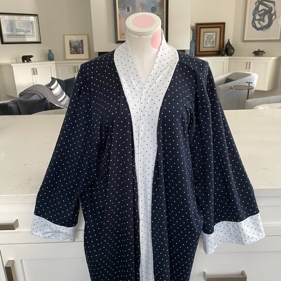FN by Flora Nikrooz 2 pce Lounging Robe & Pants Polka Dot Print Navy White Sz L - Picture 3 of 15